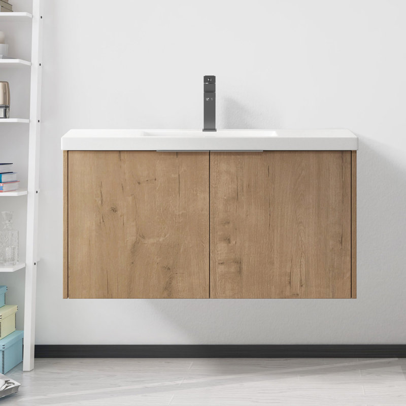 Meuble-lavabo à fixation flottante de conception moderne avec lavabo et porte à fermeture en douceur, Imitation chêne