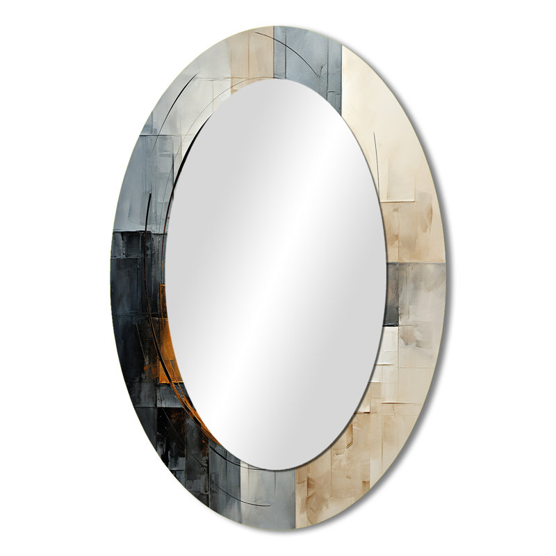Gold Grey Gleaming Geometry VI - Modern Oval Wall Mirror, 36" x 24"