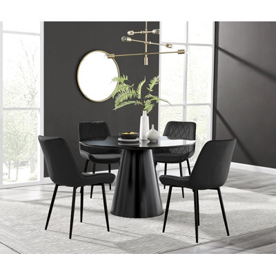 Edzard Statement Pedestal Round Dining Table Set in Black & 4 Luxury Velvet Dining Chairs