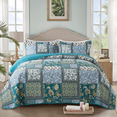 HoneiLife Queen Size Blended Fabric Windsor Gardens Green Quilt Bedding Set, Quilted Bedspread with Pillow Shams