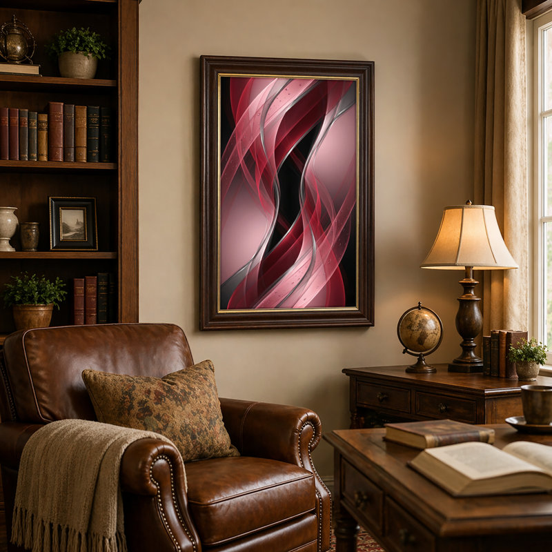 Art mural antique sur toile encadré doré pour le salon, la chambre à coucher, le bureau ou le vestibule - Décoration murale décorative avec vague rouge
