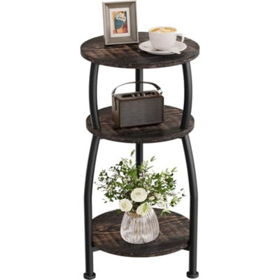 Petite table d'appoint ronde, table de bout mince à 3 niveaux pour petits espaces | Table d'appoint de table de chevet compacte de 11,8 po convenant aux tables basses, aux livres ou aux plantes d'intérieur, pour le salon, la chambre à coucher, le patio, le chêne foncé