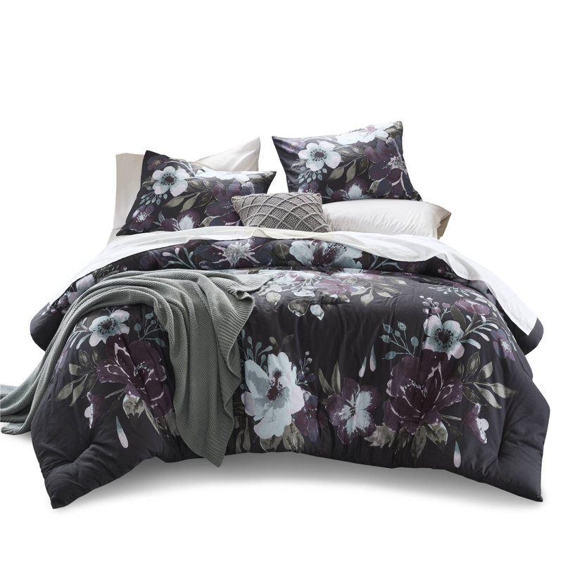 Dark Gray and Plum Floral Cotton Full Comforter Set
