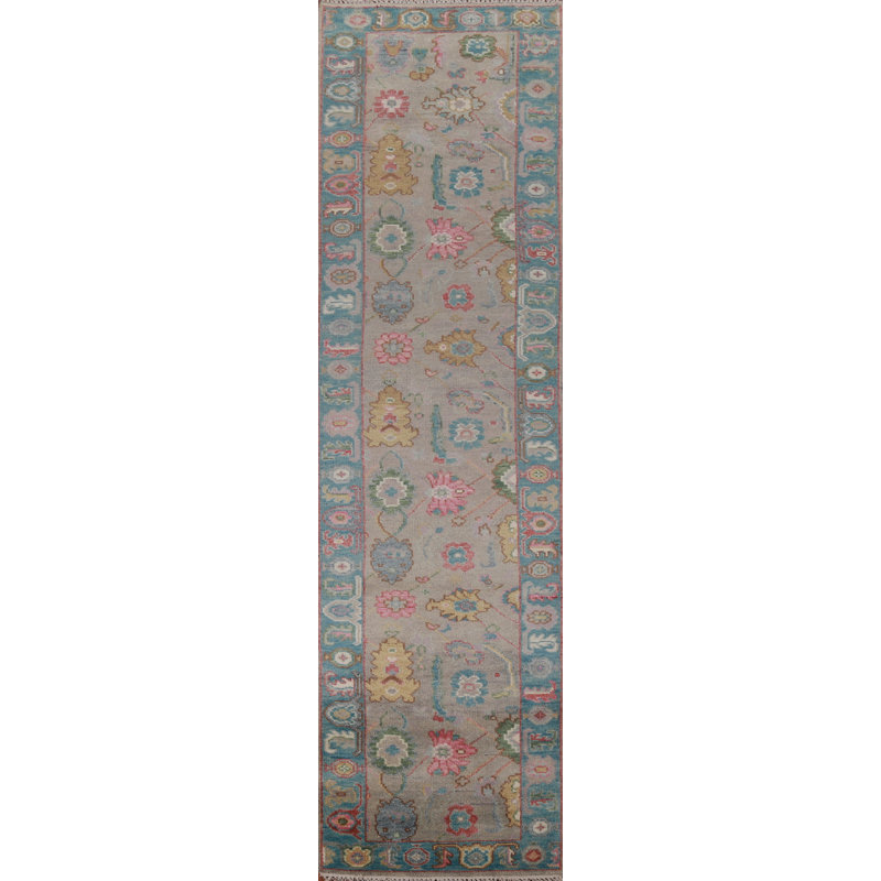Tapis de couloir oriental à motif floral Gray Oushak 3 x 12