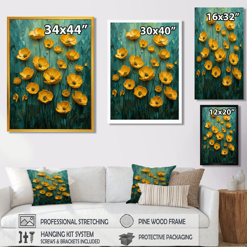 Jaune et bleu, soleil, bouton d'or, prairie III - Buttercups, art mural, Toile tendue, H 20 po x l 12 po x P 1 po
