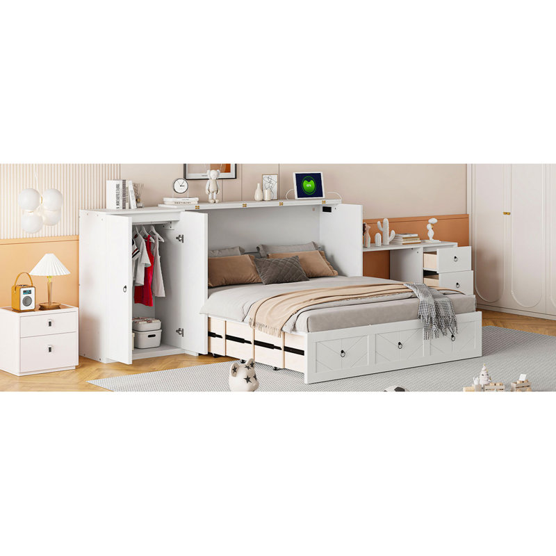 Lit, lit escamotable avec port USB, grand tiroir et armoire / bureau combiné, armoire-lit blanche polyvalente