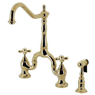 Kingston Brass Heirloom Two-Handle 3-Hole Deck Mount Bridge Kitchen Faucet with Brass Side Sprayer