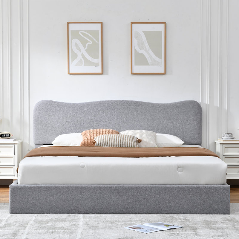 Lit plateforme tapissier Bensu Boucle, Très grand, Gris clair