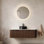 Meuble-lavabo flottant 48 po avec lavabo, meuble-lavabo rayé à bords arrondis avec 2 tiroirs, lavabo rond en céramique noir et plateau en pierre frittée blanc de Carrare, pré-assemblé, grain de bois noyer foncé