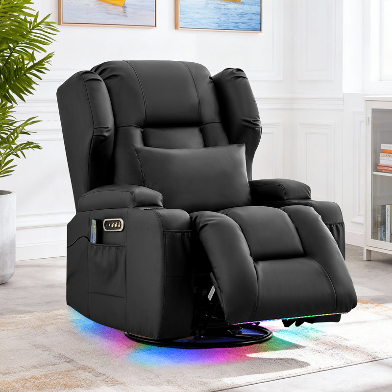 Fauteuil inclinable, berçant et pivotant à deux moteurs avec massage et chaleur, cuir PU noir, 1 fauteuil, Noir
