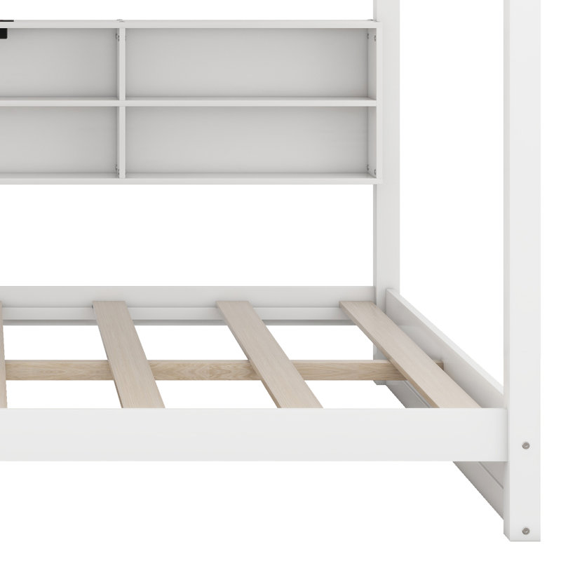 Lit superposé grand en bois avec armoires de rangement et ports USB, Blanc