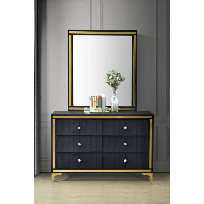 Commode 6 tiroirs avec miroir Schade, Noir, noir, noir, noir