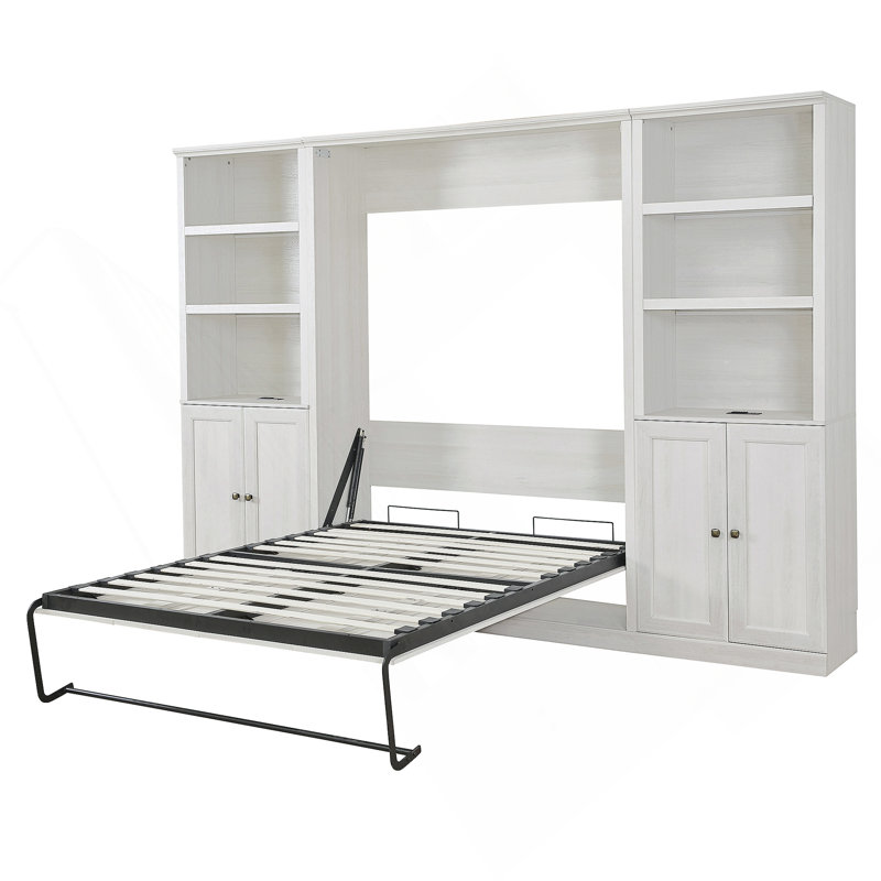 Kailer Murphy Bed With A Desk, Queen, 1 Bed, 1 Side Cabinet Storage Shelf, Rustic White
