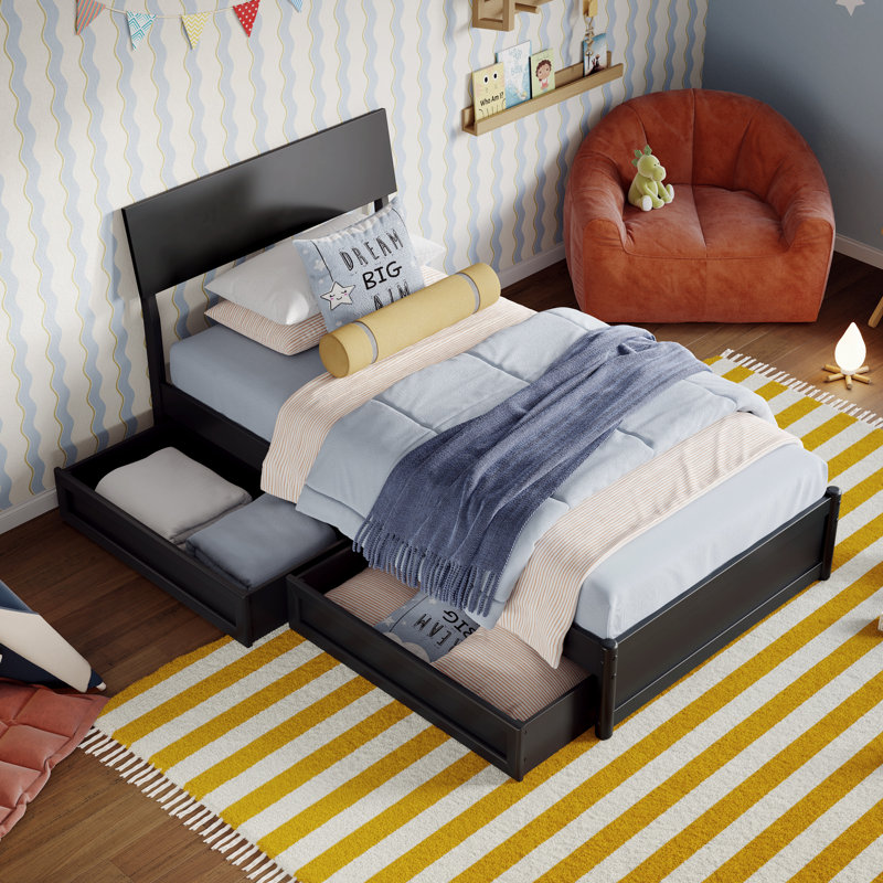 Norla Wood Platform Bed with Storage Drawers, Twin, Black
