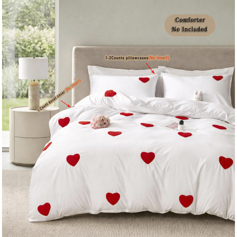 Ensemble de housse de couette brodée en cœur avec taies d'oreiller (sans rembourrage), ensemble de literie en microfibre douce, édredon blanc, fête des mères