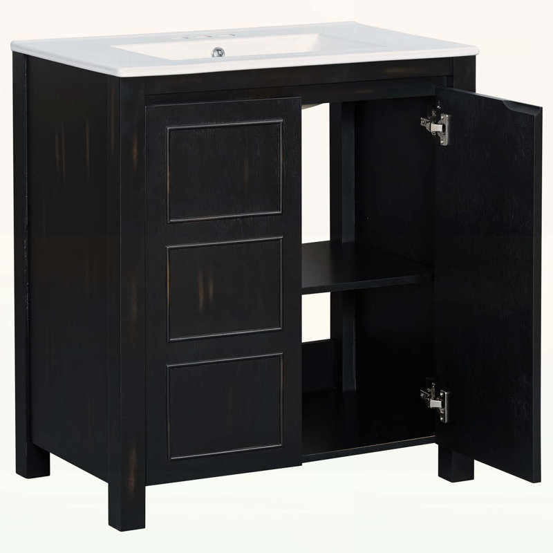 Meuble-lavabo Farmhouse avec lavabo en céramique, porte à fermeture en douceur, tablette réglable, conception spacieuse