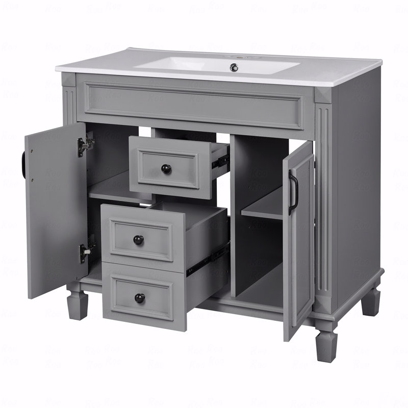 Meuble-lavabo de 36 po avec lavabo supérieur, armoire de rangement moderne avec 2 portes à fermeture douce et meuble-lavabo simple à 2 tiroirs