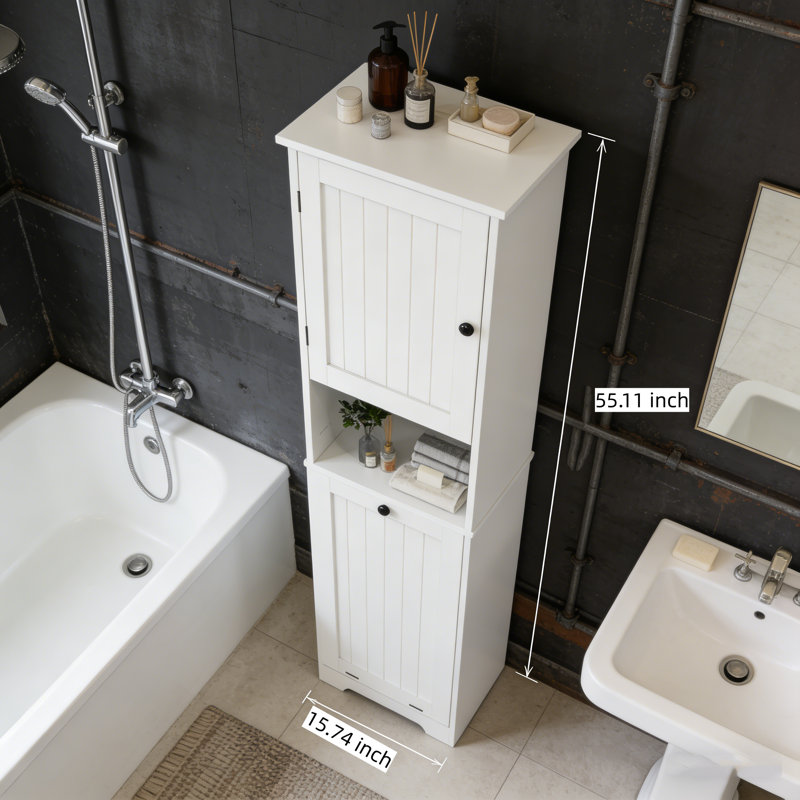 Armoire de rangement pour salle de bain de 55,1 po de hauteur avec panier à linge inclinable et armoire supérieure, armoire à linge autoportante avec tablettes pour salle de bain ou salle de lavage
