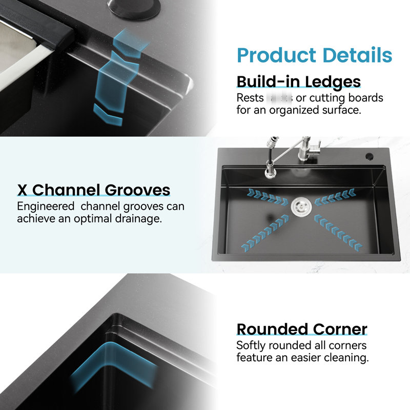 Black Stainless Steel Kitchen Sink 33X22, Overmount Single Bowl With Cutting Board, To Corrosion, Spacious For Food Preparation Chemicals Long Life