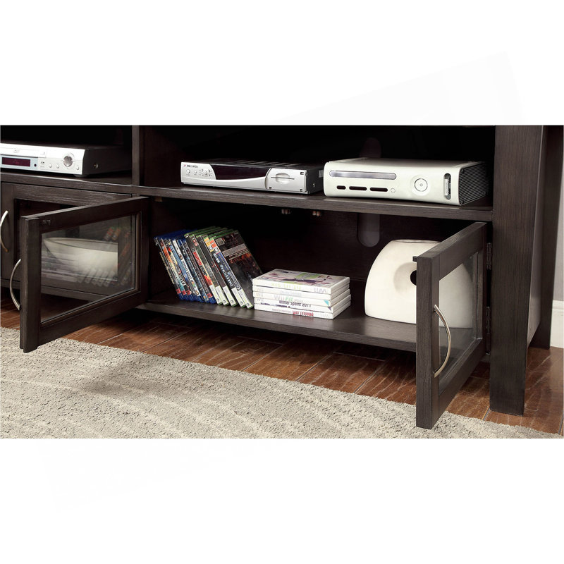 Base de console de style transitionnel avec armoire double et deux tablettes ouvertes en verre trempé de 3 mm sur les portes de l'armoire à l'arrière avec finition gris