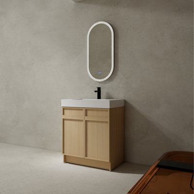 Meuble-lavabo de 30 po avec lavabo en résine. Portes d'armoire et intérieur spacieux. Mobilier moderne. Contreplaqué autoportant blanc 2 à fermeture en douceur de couleur chêne. Matériau