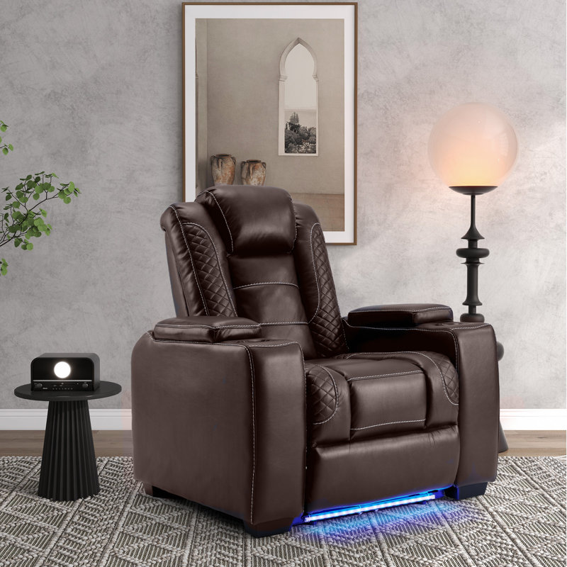 39" Adjustable Headrest Power Recliner Man Cave Home Theater Chair With Cup Holders USB LED, Brown