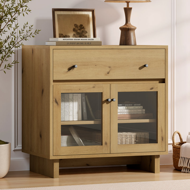 Buffet Almaguer de 80 cm de large avec tiroir, portes vitrées et tablette réglable, chêne naturel, Chêne naturel
