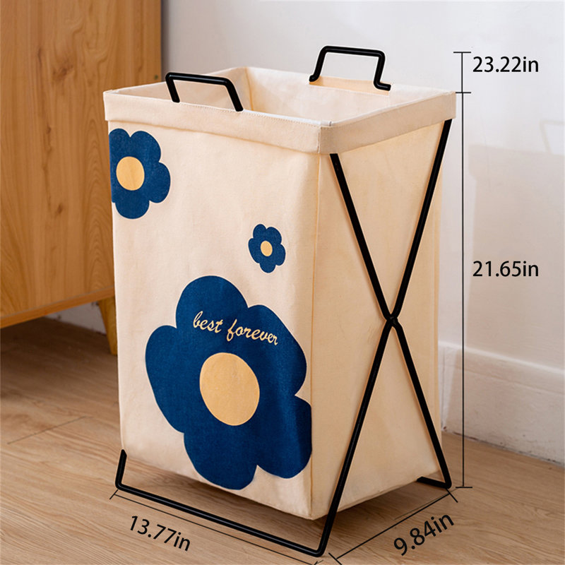 Fabric Laundry Hamper with Handles, Beige/Blue