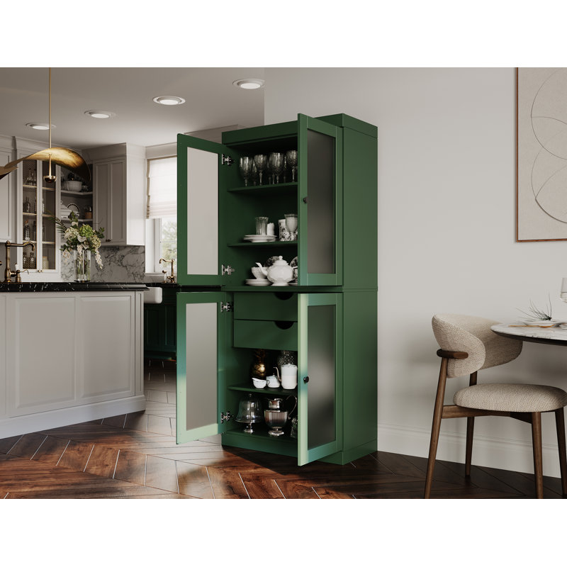 Garde-manger 100% bois massif 32 po avec portes en verre givré et 2 tiroirs, Vert