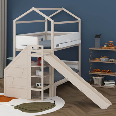 Lit superposé en bois en forme de maison avec glissade et escalier de rangement, cadre simple au-dessus d'un lit simple / double