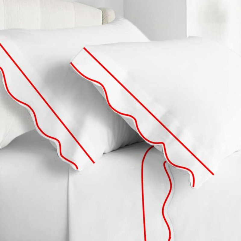 400TC Cotton Scallop Embroidery & Border Cotton 4 Piece Sheet Set Fitted Sheet Fits Upto 16" Deep Pocket, Red Border