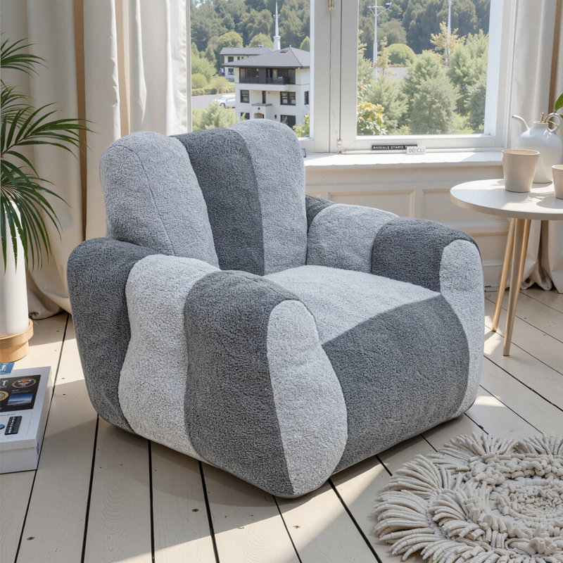 Double-Color Striped Large Size Teddy Fabric Bean Bag Chairs, Gray, Kid Size