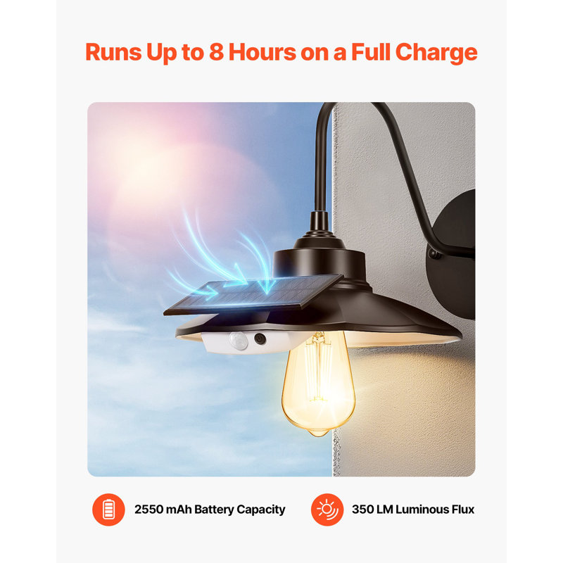 Luminaire de grange solaire pour l'extérieur, 3 modes d'éclairage et capteur de mouvement, ensemble de 2 luminaires à col de cygne, applique murale de style campagnard, avec ampoule E27 compatible, imperméable pour porche, maison, entrée, garage, noi