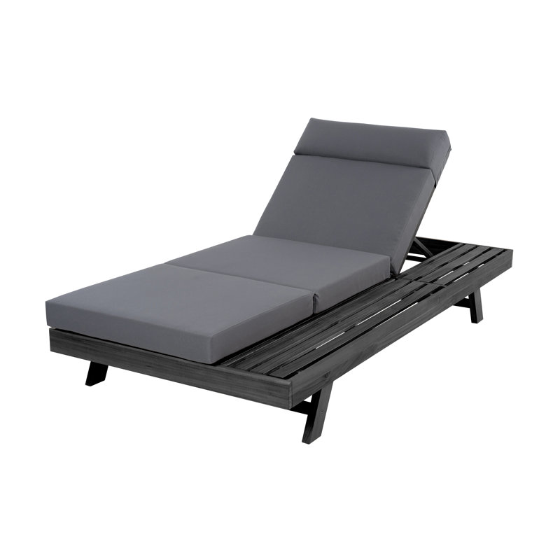 Outdoor Patio Lounge Chair, Adjustable Recliner with Headrest and Retractable Side Tray, Dark Gray, Black