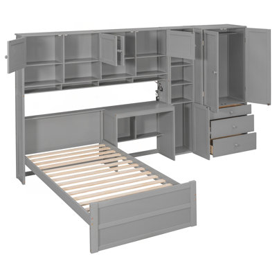 Lit plateforme simple en bois avec bureau, garde-robe et multiples options de rangement, gris