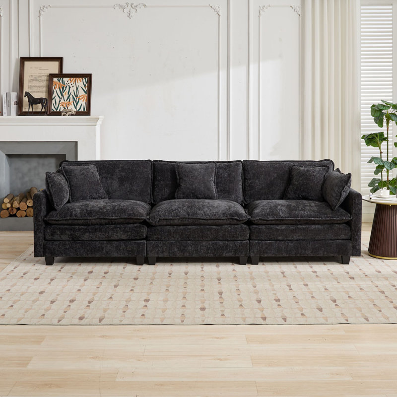 Kismet  Modern Sectional With Chenille Fabric And Double-Layer Cushions, Black Chenille