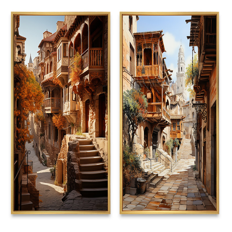 "Rues médiévales de Tolède", Espagne - 2 pièces, Encadrement doré, H 24 po x l 20 po
