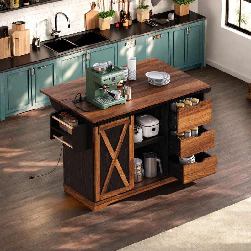 55.5" Farmhouse Kitchen Island With Drop Leaf, Kitchen Storage Island With Barn Door, Power Outlet, Rolling Kitchen Cart On Wheels With Spice Rack, For Home, Kitchen, Dining Room