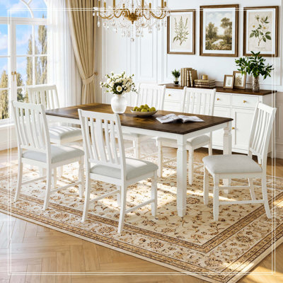 Ensemble de table de salle à manger extensible 7 pièces pour 6 personnes, table en placage de chêne de style campagnard et 6 chaises à dossier en lattes rembourrées, ensemble de salle à manger à structure compacte en bois d'hévéa massif, brun et beige, coussin beige