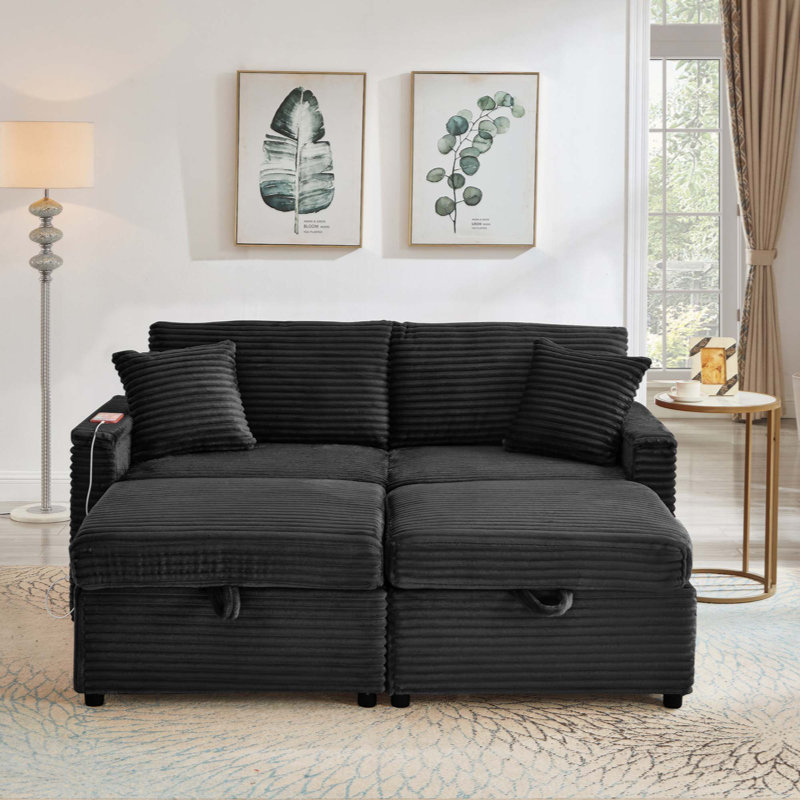 Canapé confortable moelleux en velours côtelé, espace de rangement pour grande causeuse, méridienne moelleuse avec repose-pieds double et table de bout