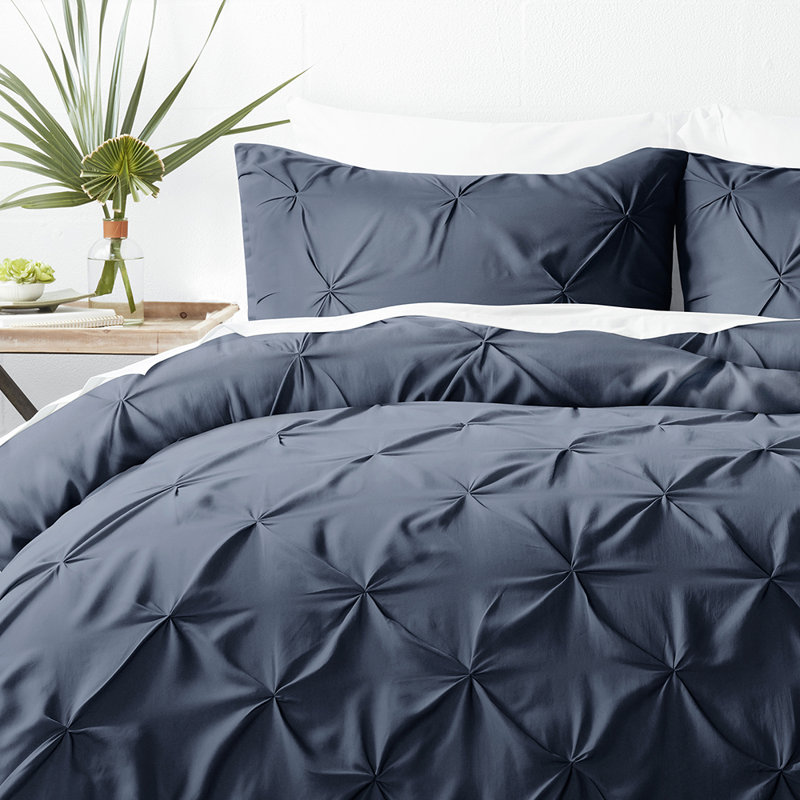 Pinch Pleat Textured Duvet Cover Set, Navy, Queen Duvet Cover + 2 Shams