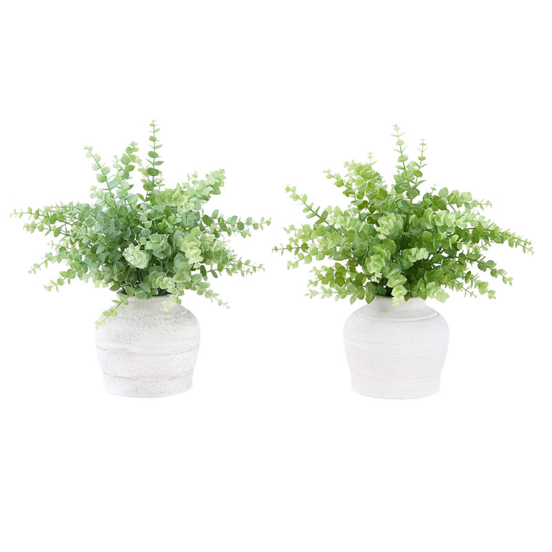 Plante artificielle, ensemble de 2, 16 po de hauteur, herbe d'eucalyptus, table, pots blancs, contemporain, moderne