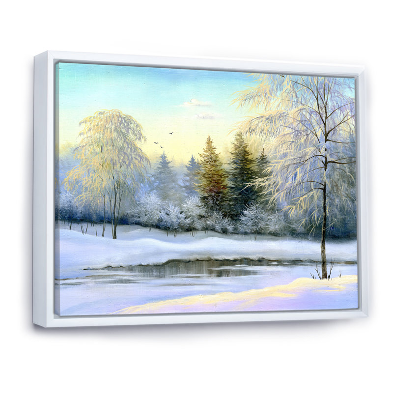 «Beautiful Winter River Landscape Pendant Sunset», peinture sur toile, H 30 po x l 40 po, Cadre flottant blanc