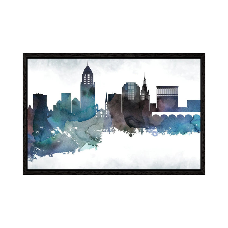 Cleveland Skyline - Print on Canvas, 66.04cm H x 101.6cm W x 3.81cm D, Black Framed