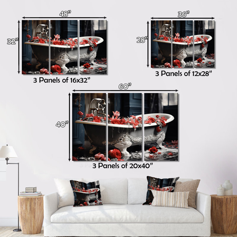 «Red Floral Bath II» sur toile, reproduction de 3 pièces, H 28 po x l 36 po x P 1 po