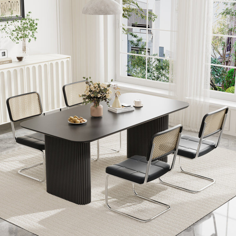 70.9"Pedestal Dining Table Set, Black, 5, Black