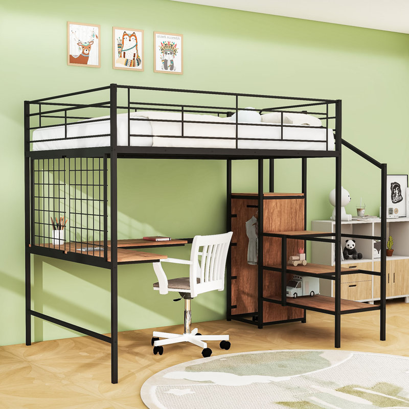 Metal Loft Bed With Desk And Staircases, Black, Full