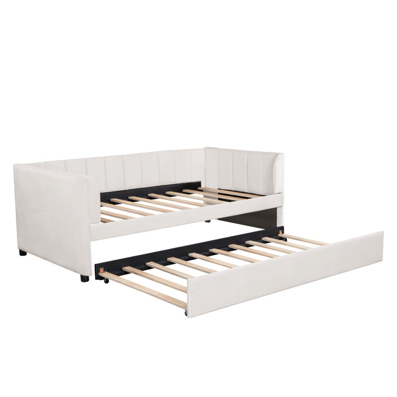 Lit de jour simple rembourré avec dossier ergonomique et lit gigogne, Beige