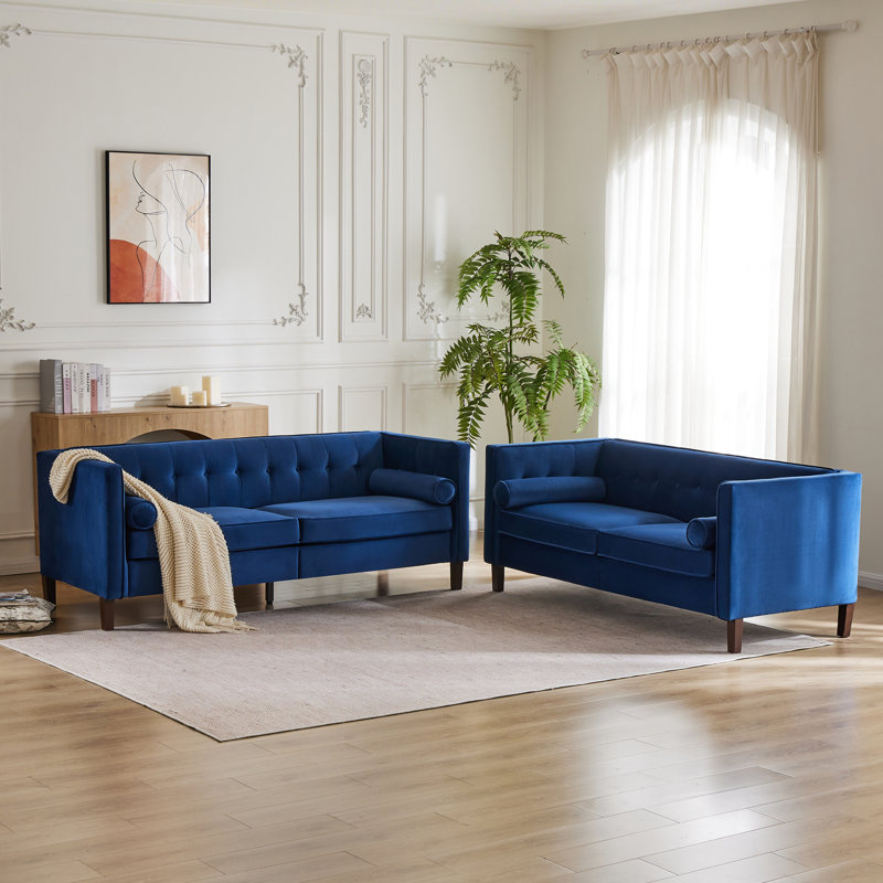 Ensemble de salon 2 pièces capitonné Mid-Century, Bleu