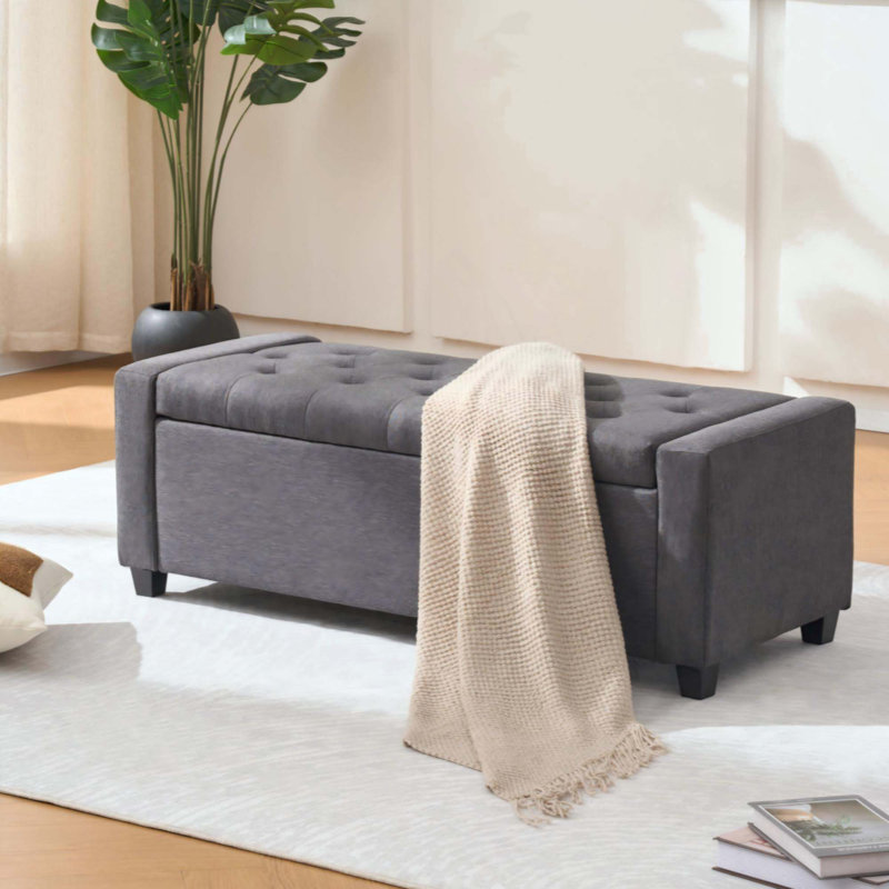 Storage Bedroom Bench For End Of Bed, Faux Linen Upholstered Storage Ottoman With Arms For Bedroom,Living Room, Entryway